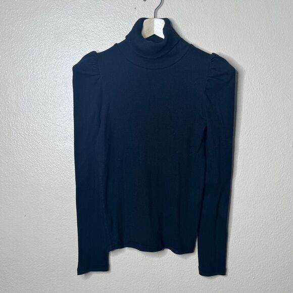 AMO Sweater Women's Large Black Mock Neck Puff Sleeve Knitted Ribbed Stretch - Picture 1 of 10